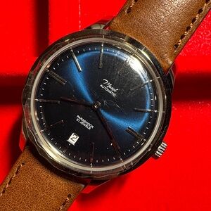 Mosel Automatic Parashock 21 Jewels Blue Dial Brown Leather Band Dress Watch